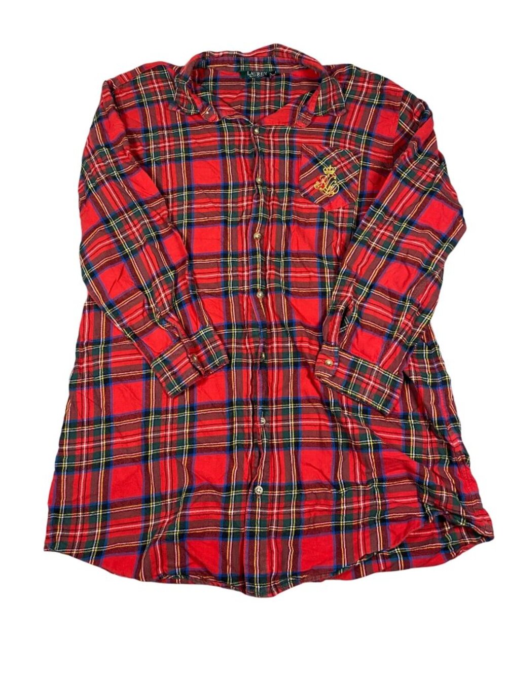 Lauren Ralph Lauren Womens L Red Plaid Button-Down Sleep Shirt Flannel Night Gow